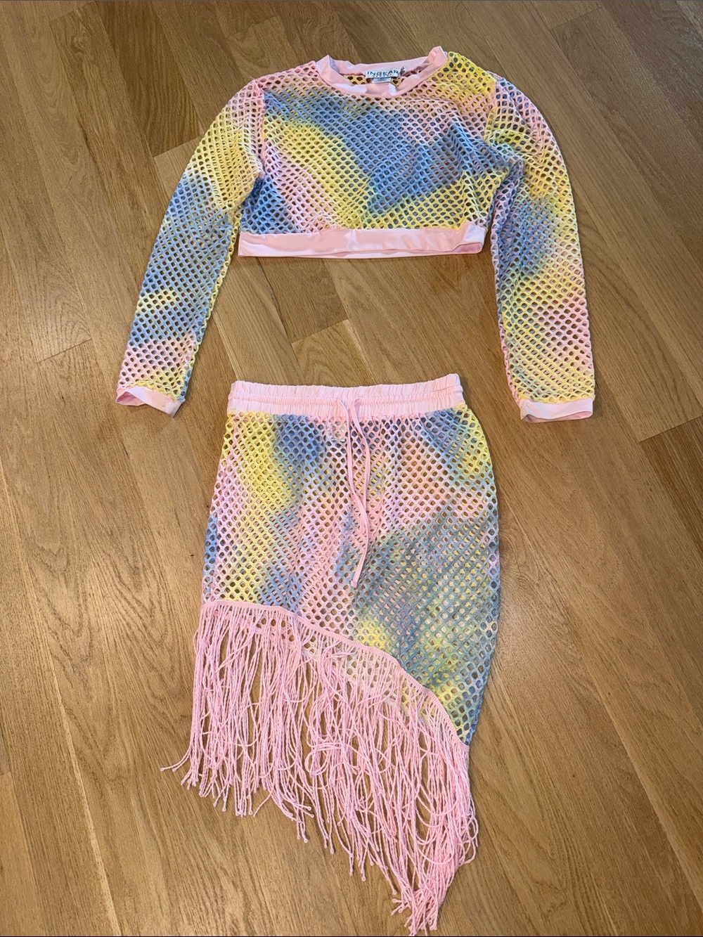 Ingear Resort Coverup Pastel Tie-Dye Mesh Asymmetrical Fringe Skirt & Top Sz L